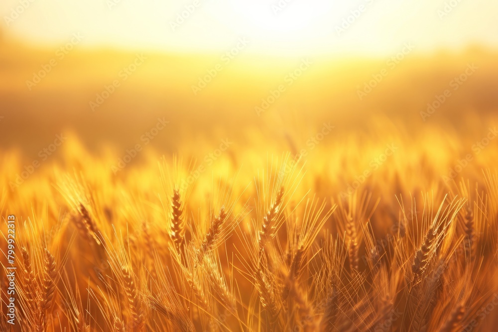Bask in the golden glow of a vast wheat field as the sun sets, casting long shadows across the gently swaying stalks of grain, Generative AI