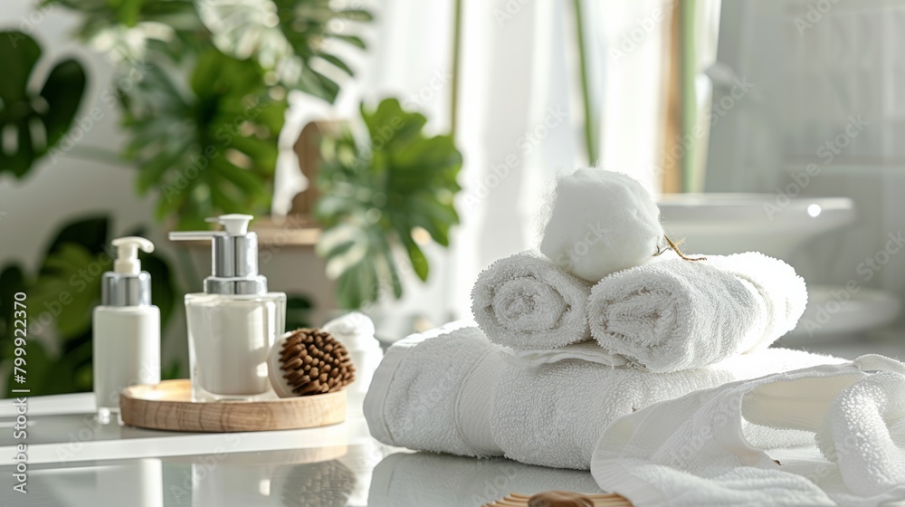 Cosmetic products and cotton towels Cotton wool with green plants on white table inside ceramic bathroom background