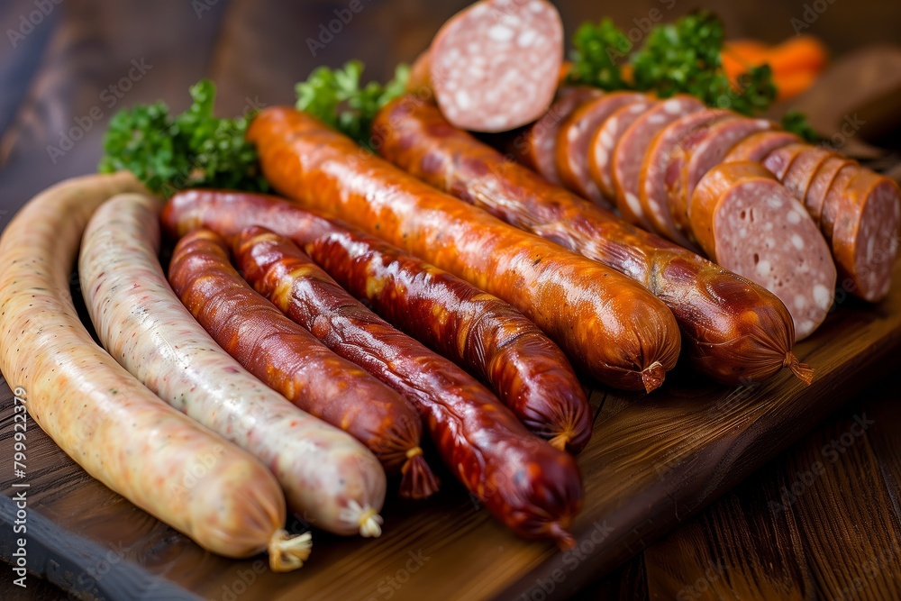 Variety of Sliced and Whole Sausages on Wooden Board