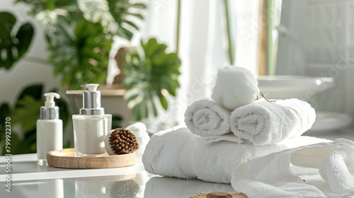 Cosmetic products and cotton towels Cotton wool with green plants on white table inside ceramic bathroom background