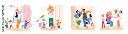 Parent burnout. Exhausted tired parents with difficult children, mad burn mom parental stress unhappy family problem, sad busy dad naughty kids in room, classy vector illustration