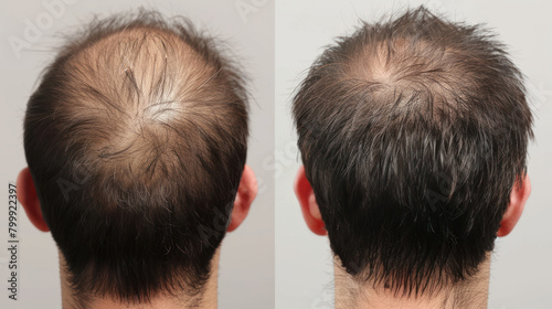 Before and after photos of a man's scalp show how hair loss treatment helped prevent balding. © Mehran