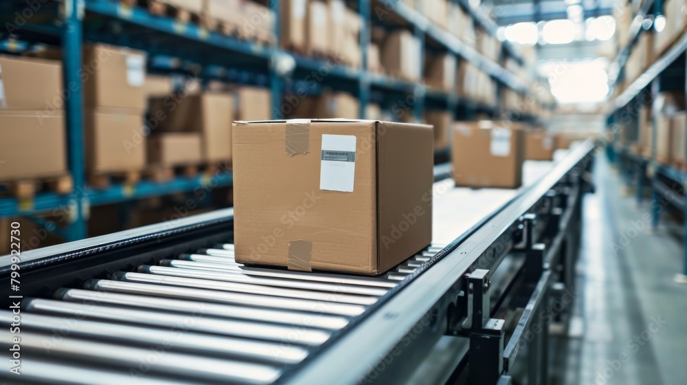 Conveyor belt in a packaging facility with boxes ready to be shipped worldwide.