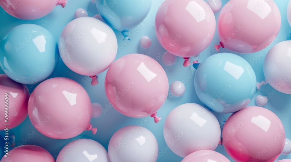 3d rendering of pastel blue, pink and white balloons background