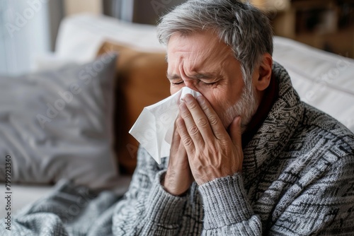 gray-haired man, 60 years old, in a knitted sweater, blows his nose into a paper napkin while sitting on the sofa at home, the topic of seasonal diseases, acute respiratory infections, flu, Covid