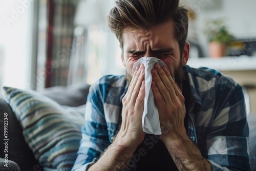 a young man blows his nose into a paper napkin while sitting on the sofa at home, the theme of seasonal diseases, acute respiratory infections, flu, covid