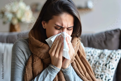 a young woman blows her nose into a paper napkin while sitting on the sofa at home, the theme of seasonal diseases, acute respiratory infections, flu, covid