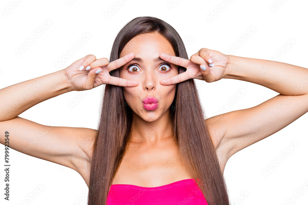 Oops people facial emotion expressing concept. Close up studio photo portrait of sweet lovely cute charming childish playful with pop big eyes girl showing v-sign isolated on bright vivid background Oops people facial emotion expressing concept. Close up studio photo portrait of sweet lovely cute charming childish playful with pop big eyes girl showing v-sign isolated on bright vivid background