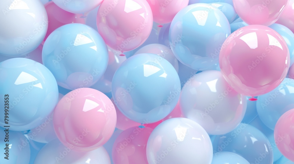 3d rendering of pastel blue, pink and white balloons background