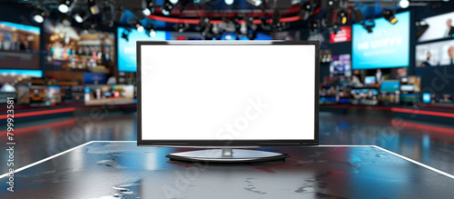  A virtual set with a blank TV screen, ready to display news, entertainment, or educational content photo