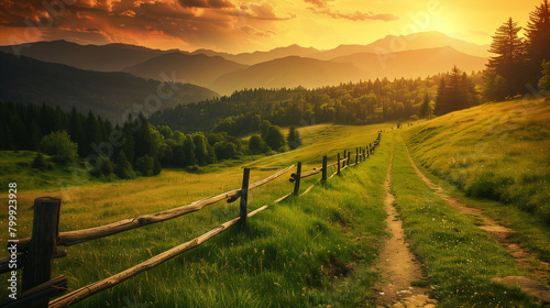 A beautiful, sunlit field with a fence in the foreground. The sun is setting behind the mountains in the background