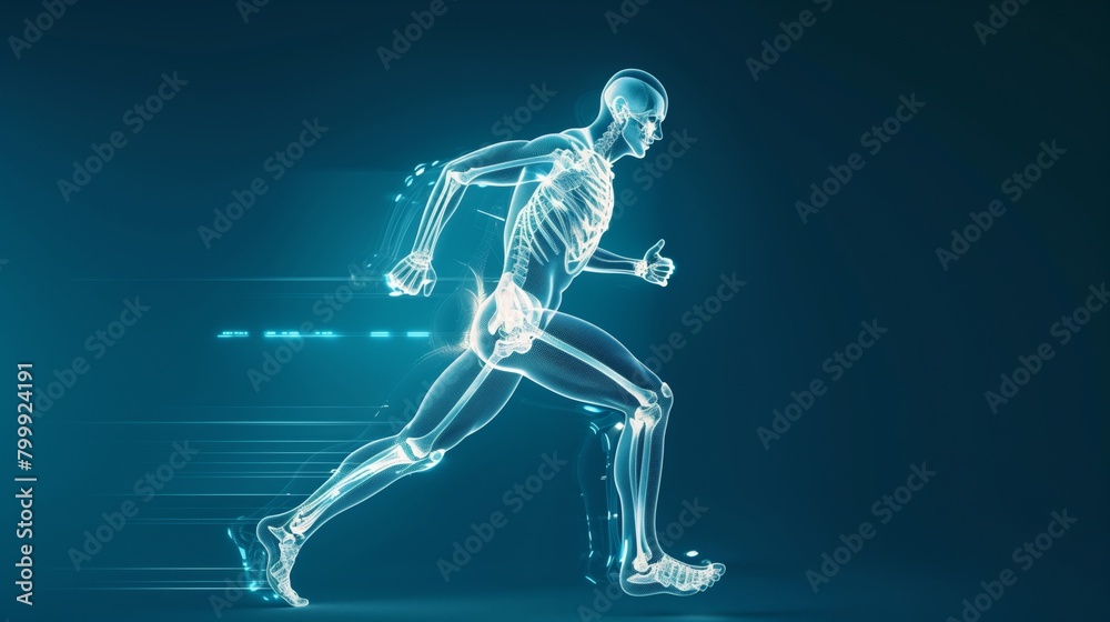 Illustration of a human skeleton in a running pose enhanced with dynamic lighting effects on a blue background.