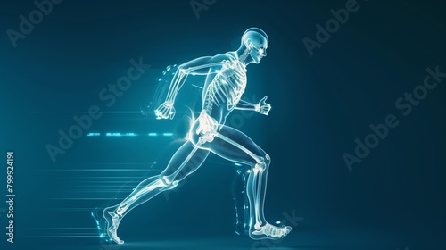 Illustration of a human skeleton in a running pose enhanced with dynamic lighting effects on a blue background.