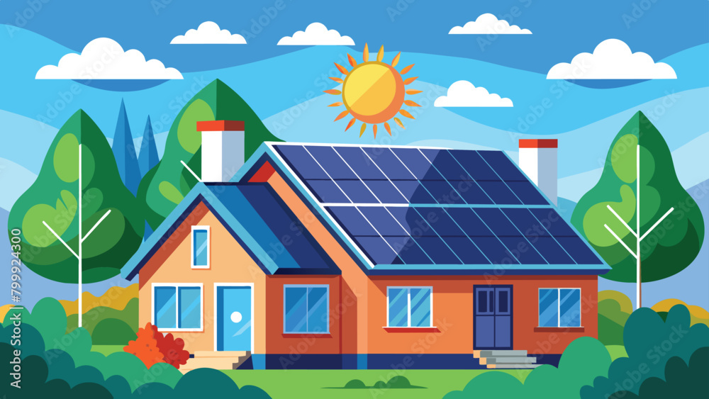 Eco-friendly house with solar panels,  vector cartoon illustration.