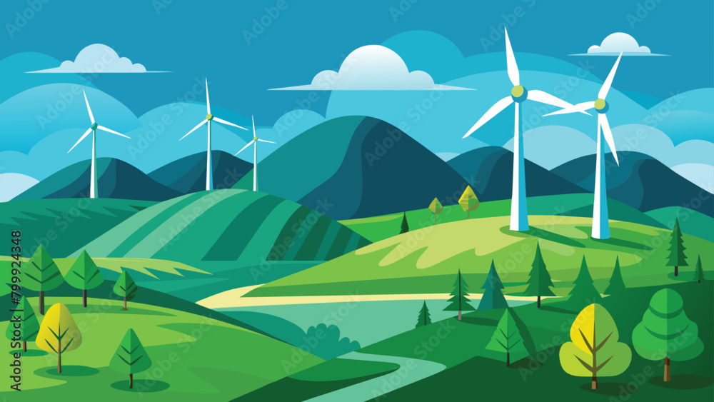 Eco-friendly energy on green hills, Wind turbines vector cartoon illustration.