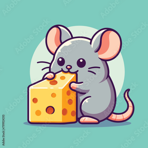cartoon illustration of an adorable mouse eating cheese