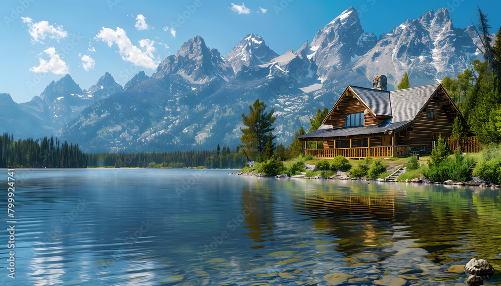 Fototapeta premium Nestled amidst towering mountains, a cozy cabin sits serenely by the edge of a crystal-clear lake