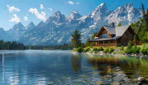 Nestled amidst towering mountains, a cozy cabin sits serenely by the edge of a crystal-clear lake © Mathias