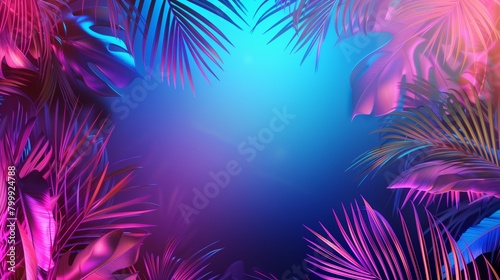 Vibrant neon colored tropical palm leaves with a glowing blue background creating a modern  exotic feel.