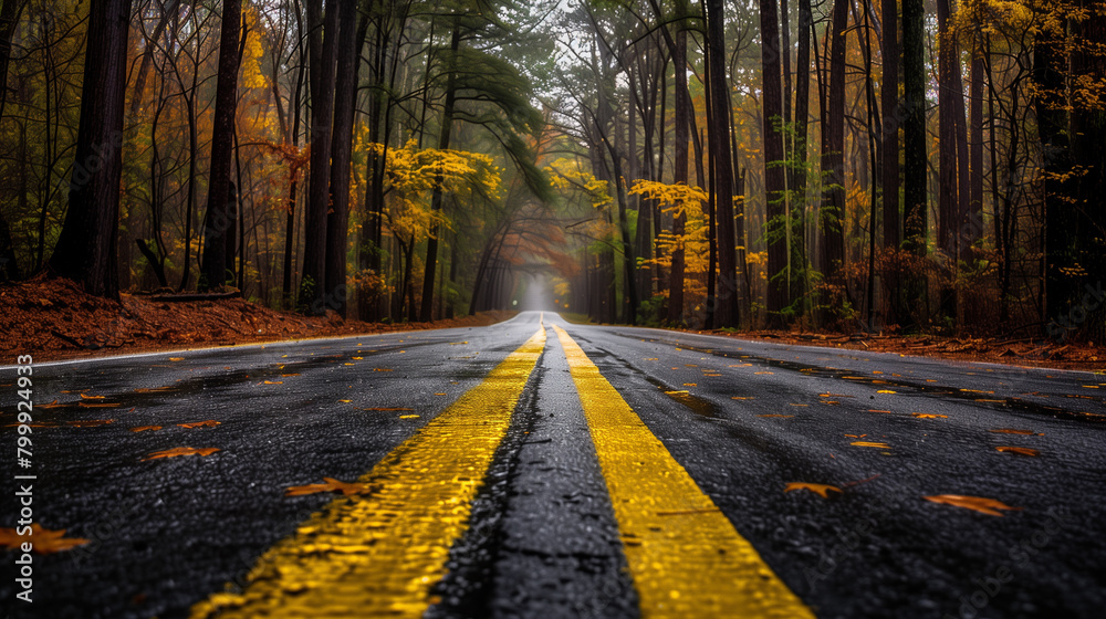 Obraz premium A road with a yellow line and a forest in the background. The road is wet and the trees are dark