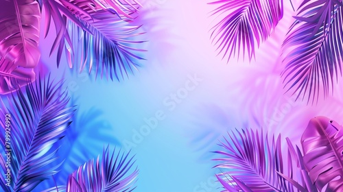 Vibrant gradient backdrop featuring lush tropical leaves in pink and blue tones  ideal for stylish backgrounds.