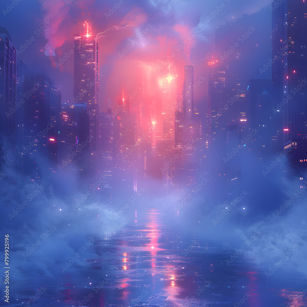 Fototapeta premium Ethereal Cityscape: Neon Lights in Misty Fog