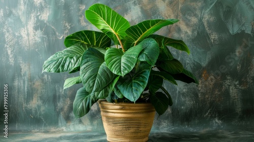 Lush fiddle-leaf fig plant with broad vibrant green leaves staged against a textured abstract backdrop. photo