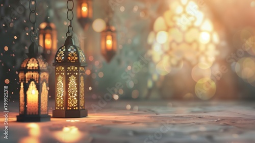 Elegant traditional lanterns glowing on a festive background with bokeh lights, ideal for Ramadan celebrations.