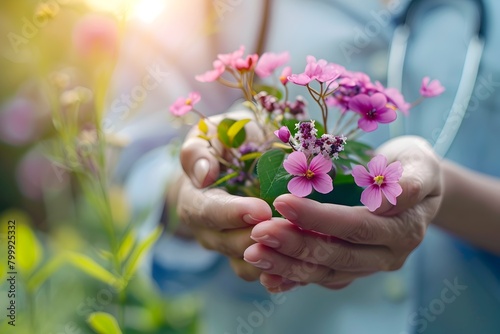 Hands Holding a Bouquet of Vibrant Flowers Symbolizing Holistic Wellness and Integrative Healthcare Approaches photo