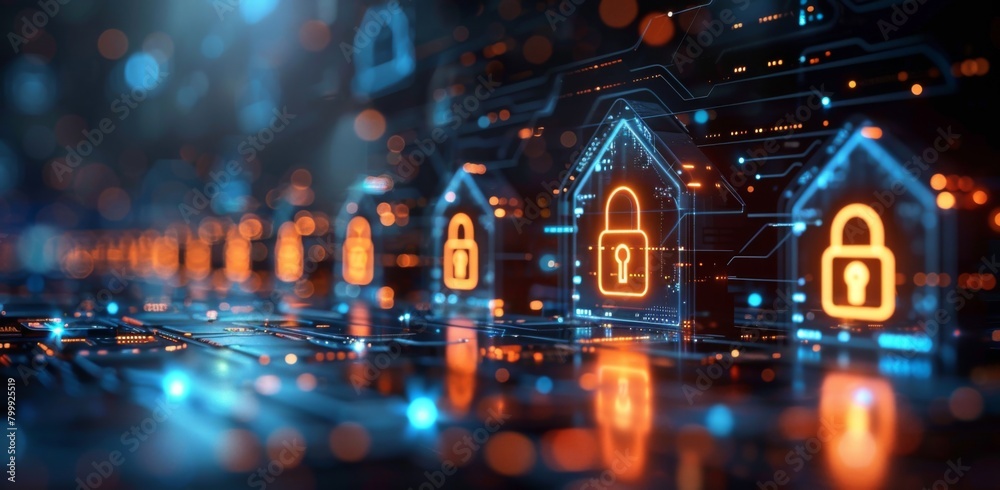 Secure and Modern Smart Home Icons with Enhanced Data Protection and Firewall Technology

