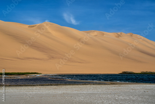 Landscapes of Sandwich Harbour, also known as Sandwich Bay, at the Lagoon in the south where the Dunes of the Namib Desert and the Atlantic Ocean meet eachother. - Walvis Bay - Namibia