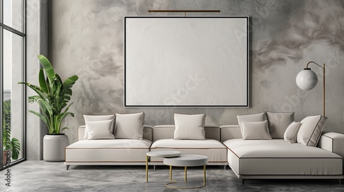 Modern living room interior with large blank frame, minimalist sofas, and indoor plants. © Natalia