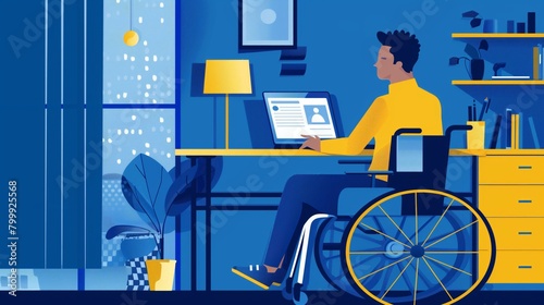 Illustration of a man in a wheelchair working from a home office by a large window at night.