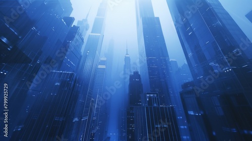 A dense cityscape bathed in a blue haze with skyscrapers reaching into the sky, hinting at future urban life.