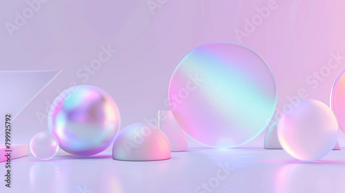 Vibrant abstract composition with iridescent spheres and geometric shapes on a purple background. photo