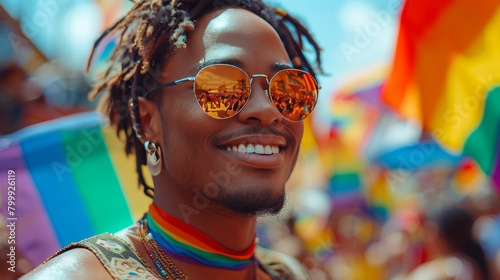 Young diverse people having fun holding LGBT rainbow flag outdoor