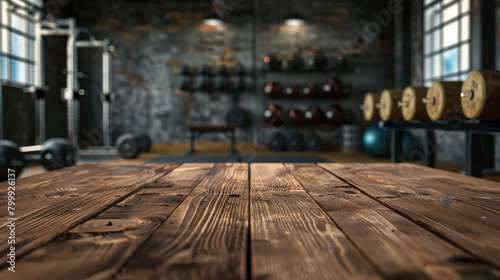 Gym's background with a wooden table for showcasing products. photo