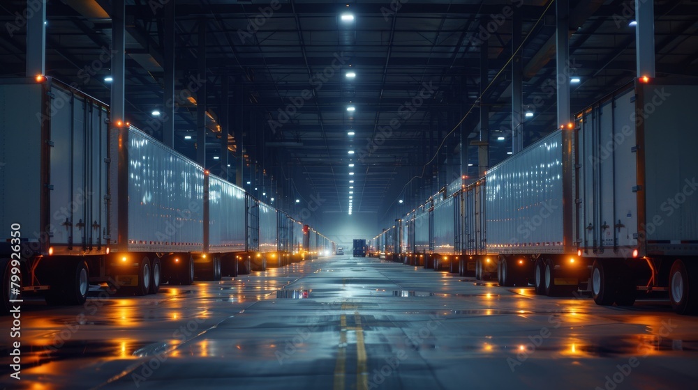 Delivery trucks lined up at a distribution center, ready for dispatch across the country. Highly detailed real-world Photography shot.