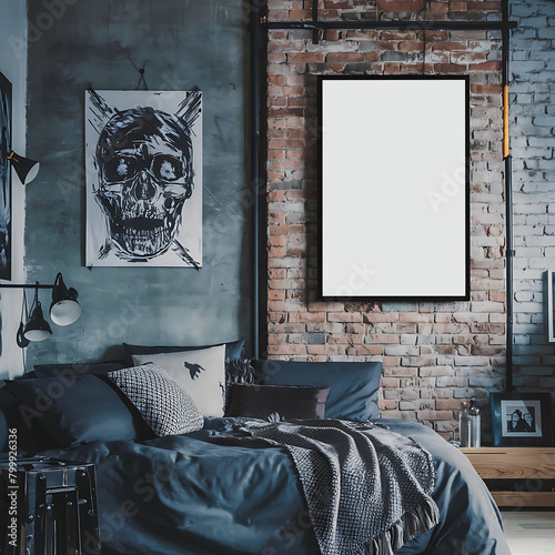 mockup poster with an urban loft bedroom with industrial accents and urban artwork.