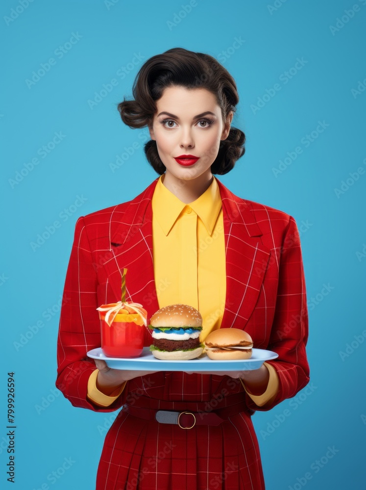 The concept of fashion and gluttony. A portrait of a luxurious brunette in a red suit eating a hamburger on a blue background. Perfect hair, skin, and makeup. The concept of fashion and gluttony. A portrait of a luxurious brunette in a red suit eating a hamburger on a blue background. Perfect hair, skin, and makeup.