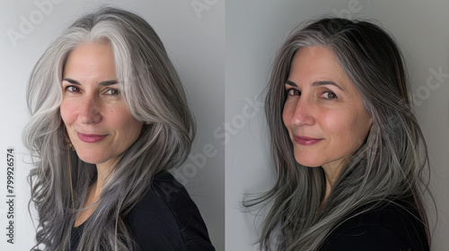 Hair transformation from gray to vibrant, shown in a split-screen photo of a woman before and after treatment.