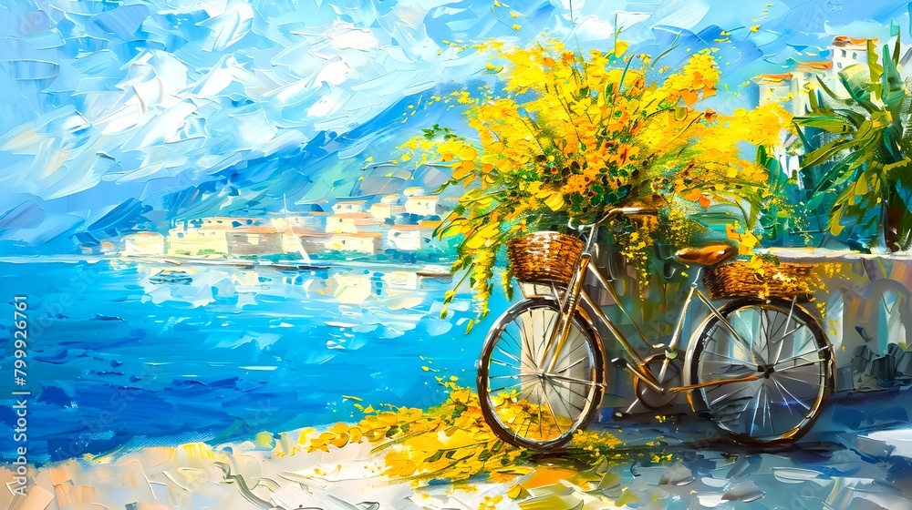 Fototapeta premium Vibrant Seascape Painting with Bicycle and Yellow Flowers. Coastal Town Scenery Artwork. Perfect for Decor and Postcards. AI