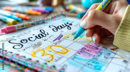 Social Media Planning Calendar with Colorful Markers