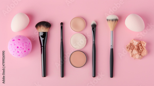Makeup essentials like eye shadow, sponges, and brushes on a pink background. It represents beauty and makeup.