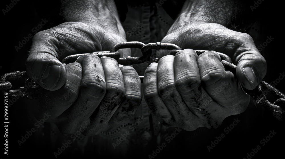 Close-up Male hands in chain handcuffs