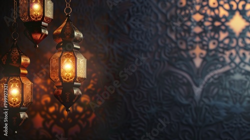 Illuminated traditional lanterns against a beautifully intricate arabesque background, creating a warm, festive atmosphere. © Natalia