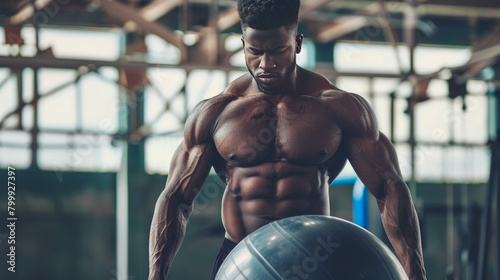 Man working out with a fitness ball indoors. He has a strong and muscular body that's covered in sweat. The photo shows the importance of staying fit and healthy.