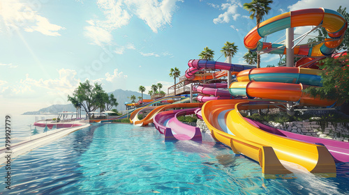 Colorful water slides stand empty in the aquapark resort overlooking the sea on a sunny day. summer fun, vacation leisure, and holiday entertainment