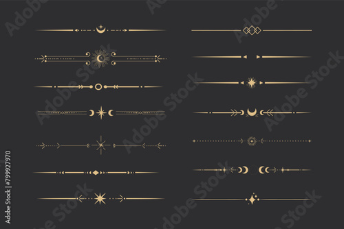 Golden divider celestial border with stars moon and sun thin line elegant simple decoration, mystic tarot separator, minimalist magic gold design element on dark background