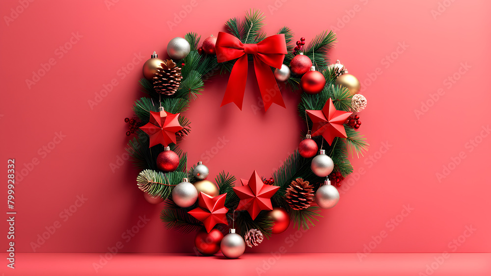 A wreath of Christmas decorations with red bows and stars A wreath of Christmas decorations with red bows and stars